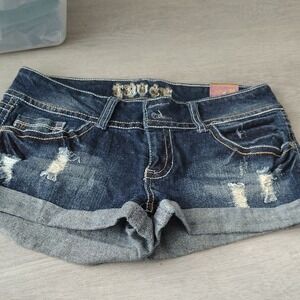 Truce Womens Dark Wash Distressed Denim Shorts Embroidered Flap Pocket Size 11